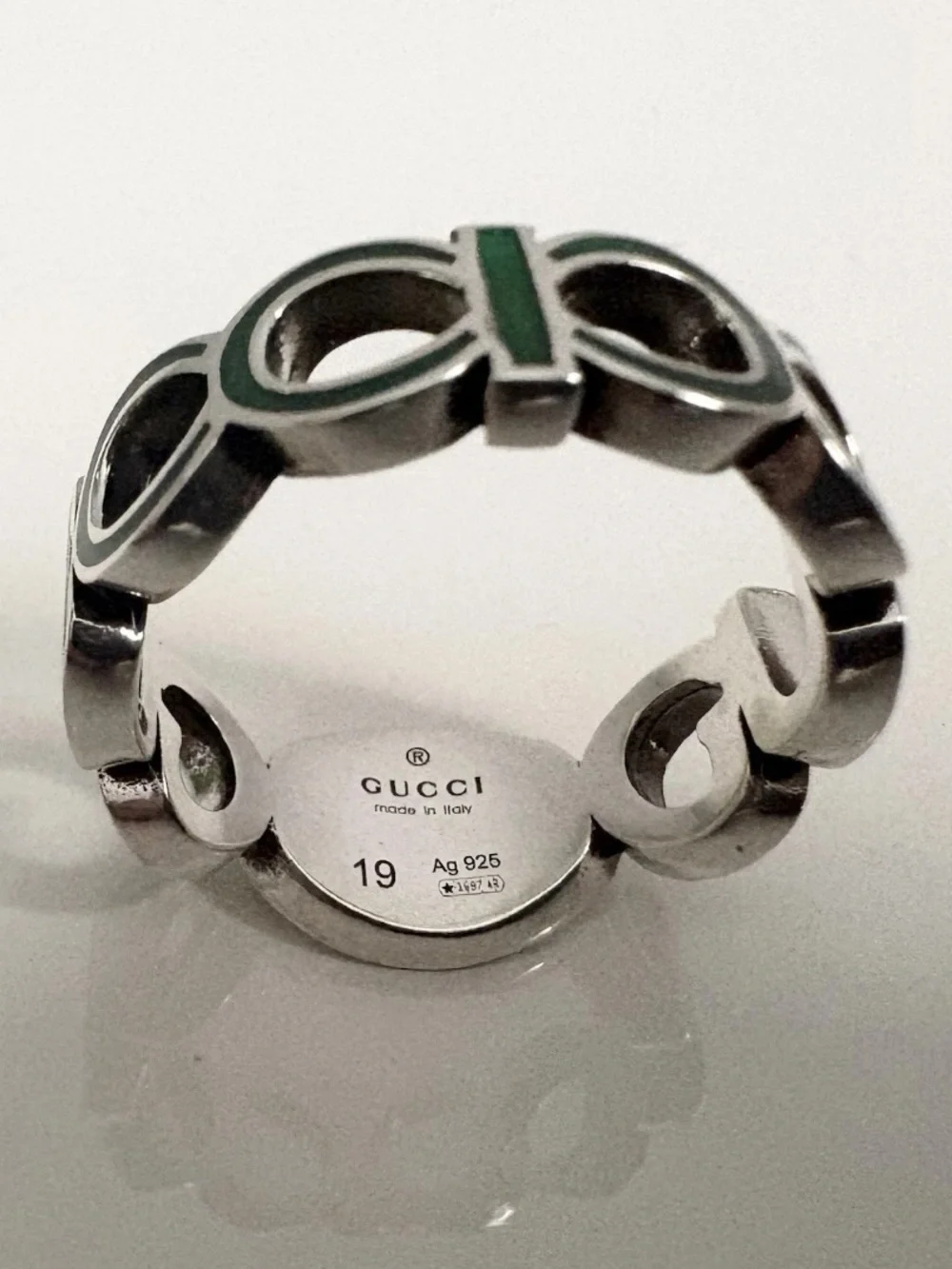 $360 GUCCI 925 Sterling Silver Green GG Chainlink Reversible Ring US 8.75 IT 19